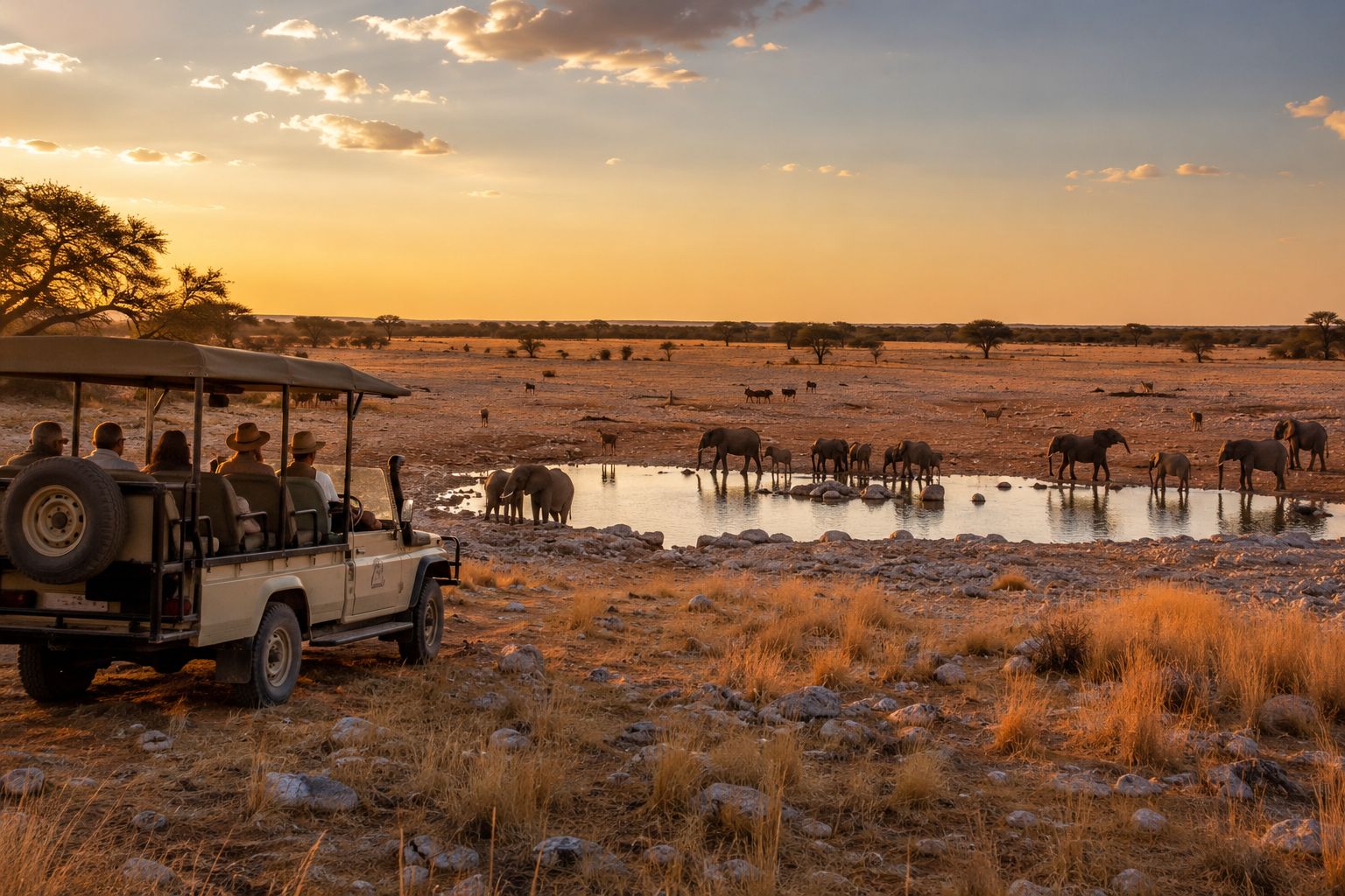 Open safari vehicle with guests watching animals gathered at a waterhole on dry plains
