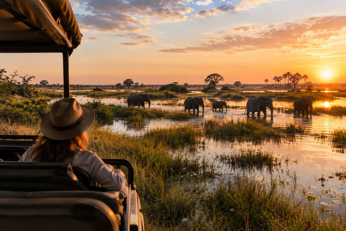 Woman in a wide-brimmed hat in a safari vehicle watching elephants wade through wetlands at sunset